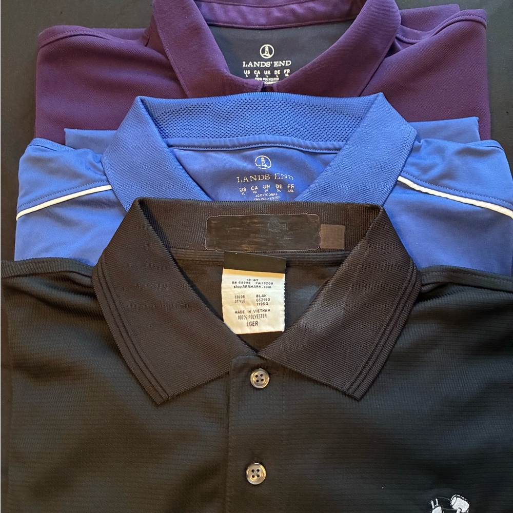 Lands' End Men's Polo - Black, Blue, Purple. 1 in blue and purple, 7 in black.